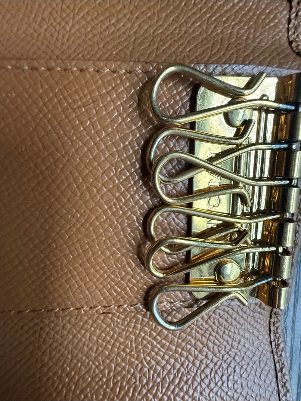 Bvlgari Tan Pebbled Leather Wallet with Gold Logo Medallion